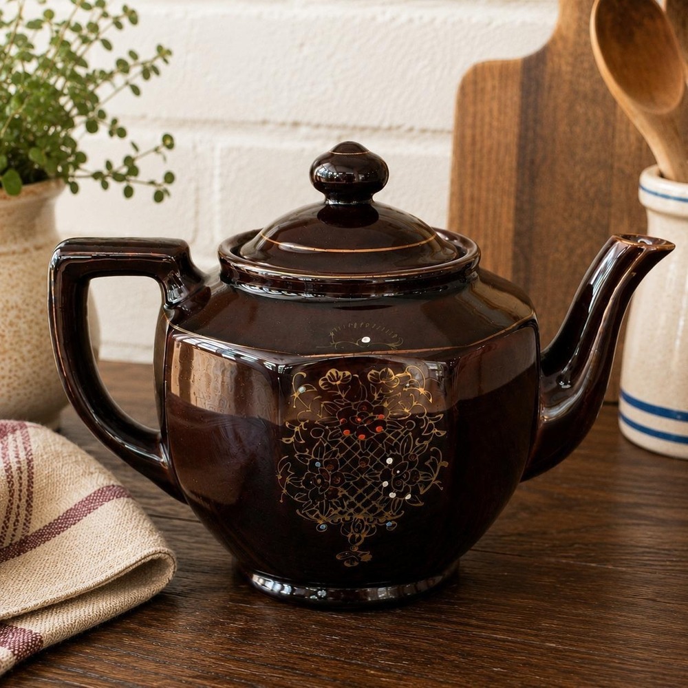 Vintage Moriage Teapot Japan Brown Glaze Gold Enamel Floral Hand Painted
